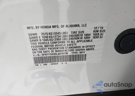 2020 Honda Pilot 2Wd Ex из США, поврежденный, VIN 5FNYF5H35LB018190